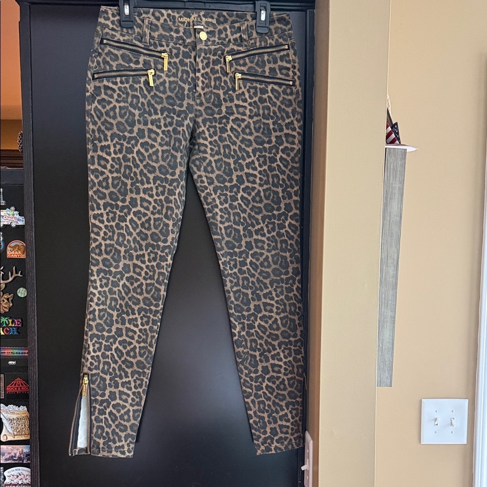 Michael Kors Leopard Print Skinny Pants with Gold Zippers 4